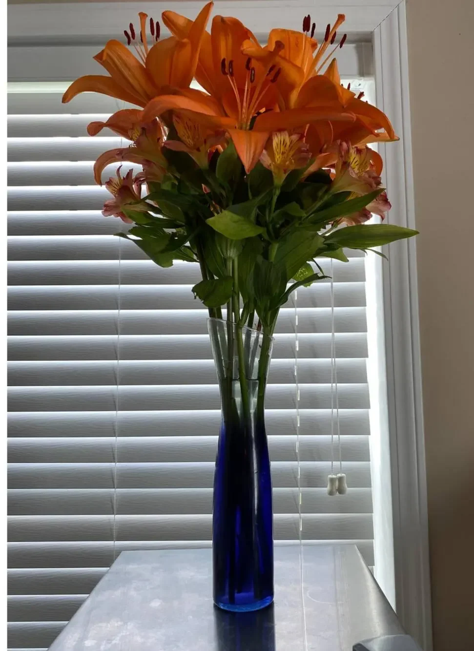 Vintage vase, slim line blue and clear, made in Spain, Ecoglass